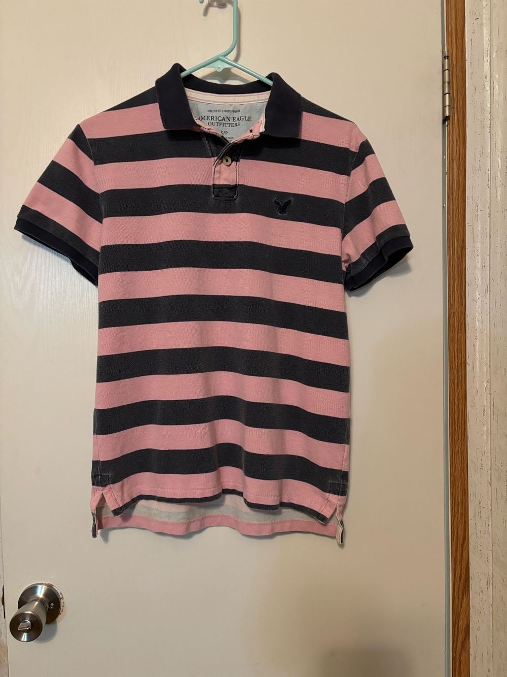 American Eagle Outfitters Men’s Pink and Black Striped Polo